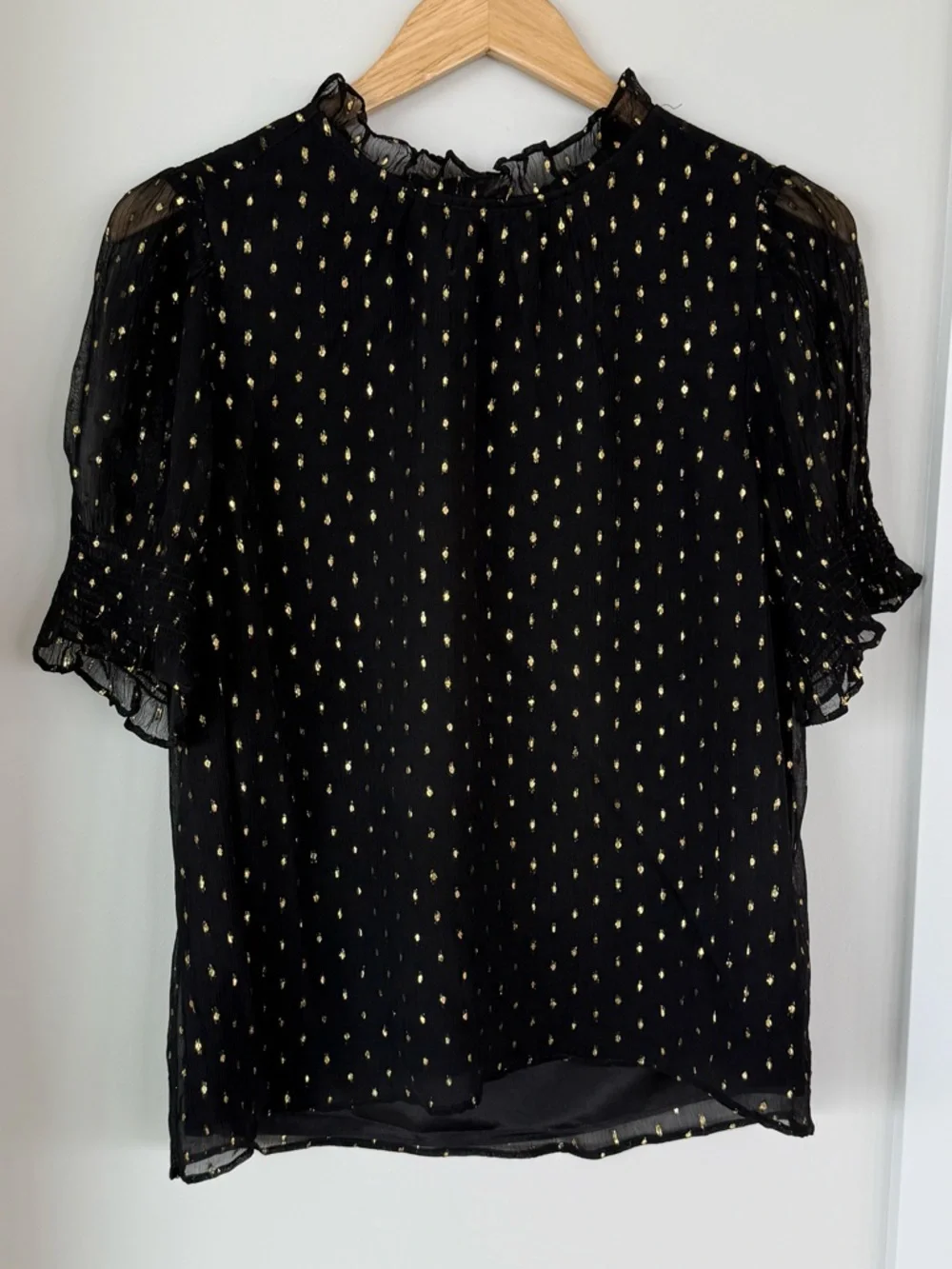 J. Crew Black Gold Dot Sheer Sleeve Blouse Size Medium - Picture 4 of 10